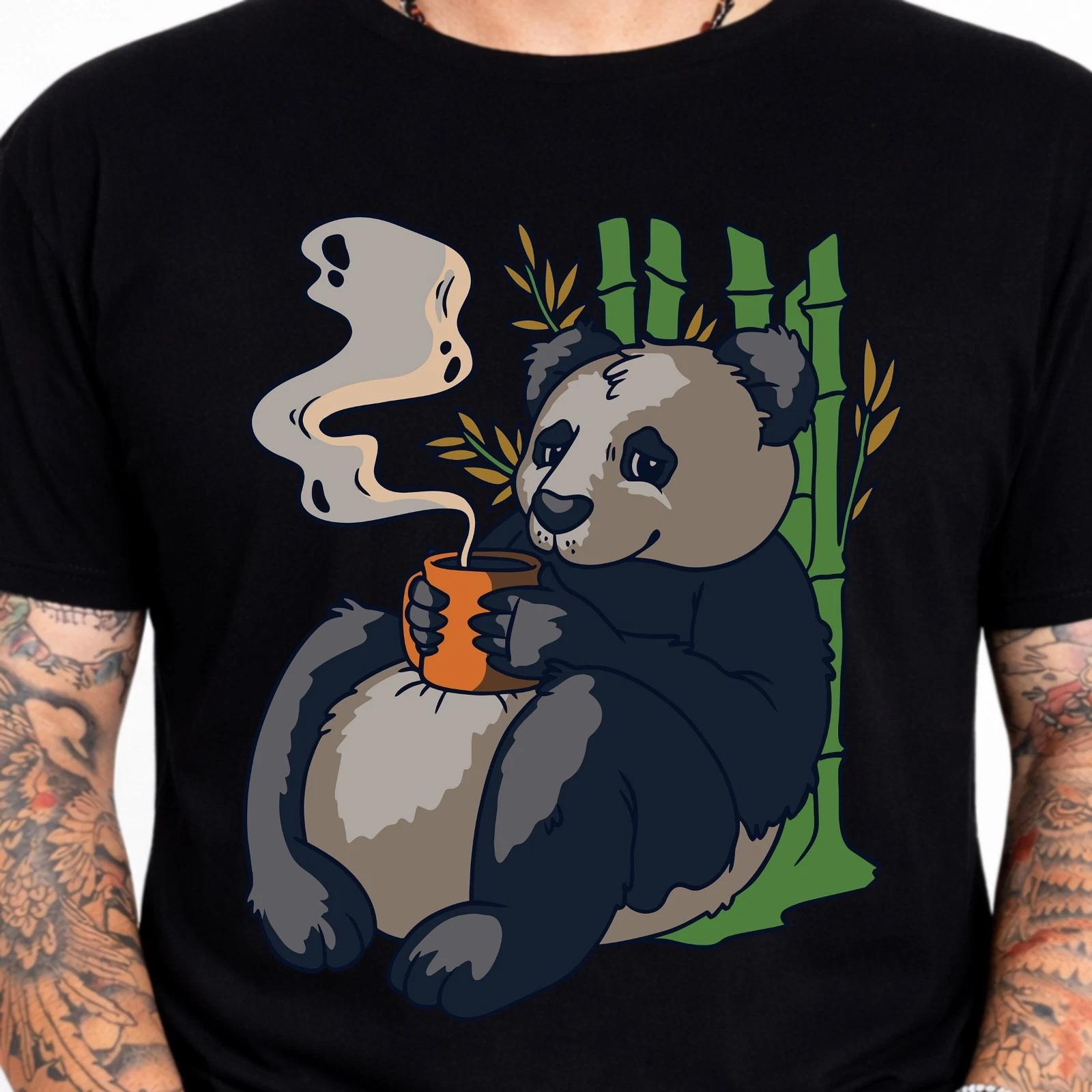Panda Drinking Coffee Bamboo Cute Funny Animal Graphic T-Shirt . M