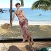 Pink Retro Oil Painting Print Suspender Dress Women's Summer French Waist Thin Seaside Vacation Cake Skirt