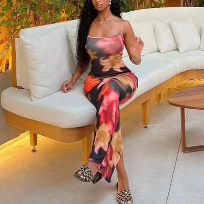 Summer New Tie Dye Slim Fit Sexy Party Pencil Dress Women Fashion Clothes Sleeveless Straps Casual Long Dresses Women Retro Lady Backless Dress 26281