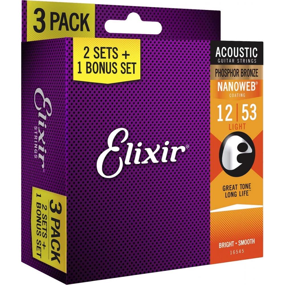 Corzi Elixir Chitară Acustică 2 Seturi + 1 Set Bonus NANOWEB Bronz Fosforos Light .012-.053 #16545 (16052 Set de 3)