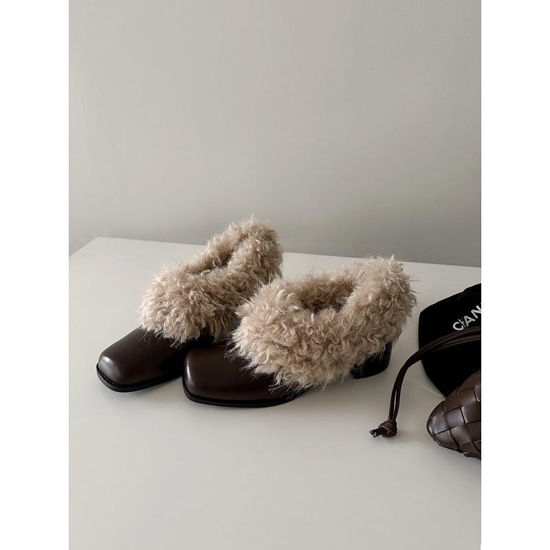 Cowhide Version~ Square Head Fluffy Shoes One Pedal Retro Velvet Warm Mary Jane Small Leather Shoes Cotton Shoes Thick Heel Single Shoes