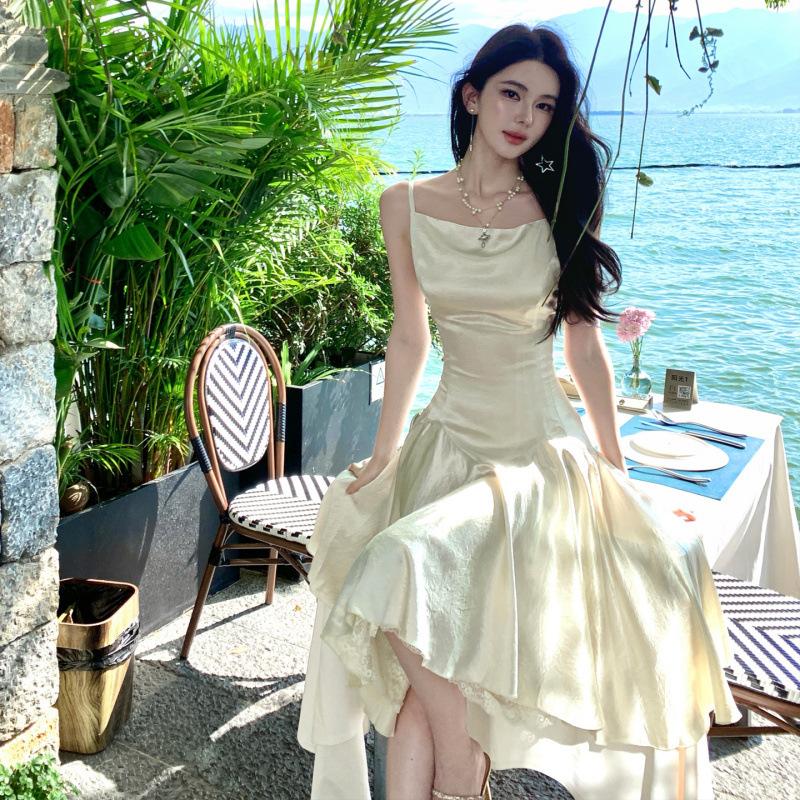 Acid acetic acid strap lace dress design spring and summer temperament medium and long dress high elegant