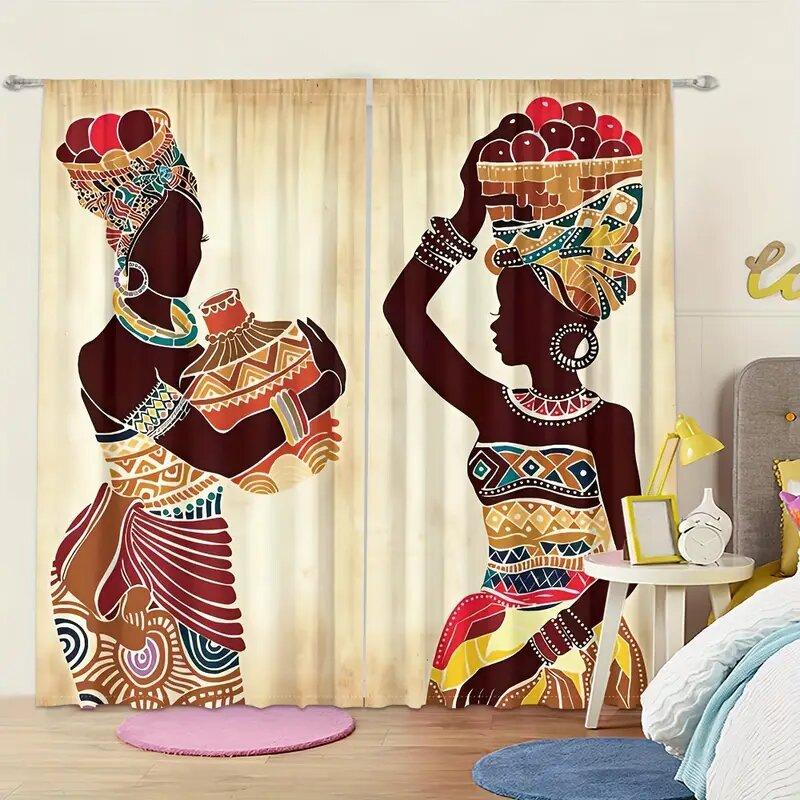 2pcs- Bohemian-style women's pattern printed curtains   window decorations   home decorations   room decorations