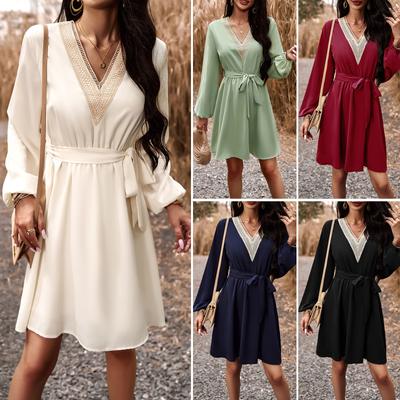 Women's Fashion Solid Color Lace-up Dress Autumn and Winter Elegant Elegant V-neck Long Sleeve Dress
