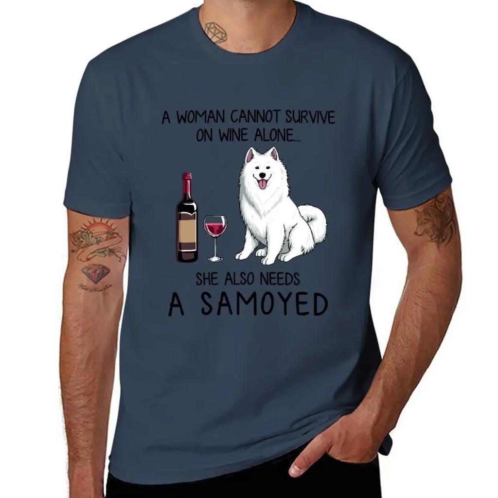 Samoyed and wine Funny gift for dog mom T-Shirt quick-drying tees summer top men clothes