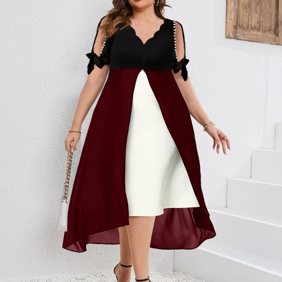 Women's Elegant Off-shoulder V-neck Patchwork Chiffon Faux Two-piece Irregular Plus Size Dress