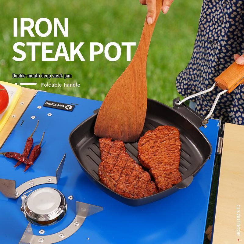 Portable Cast Iron Grill Pan with Anti-Scald Wooden Handle and Double Spout, Suitable for BBQs and Picnics.