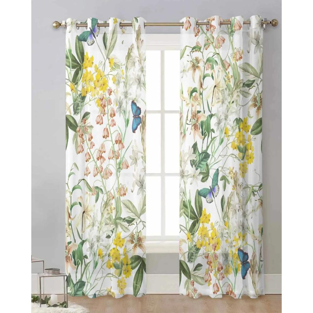 Watercolour Leaves Plants Flowers Butterflies Translucent Drapes Living Room Window Opening Clear Voile Tulle Drape Curtains Home Decor