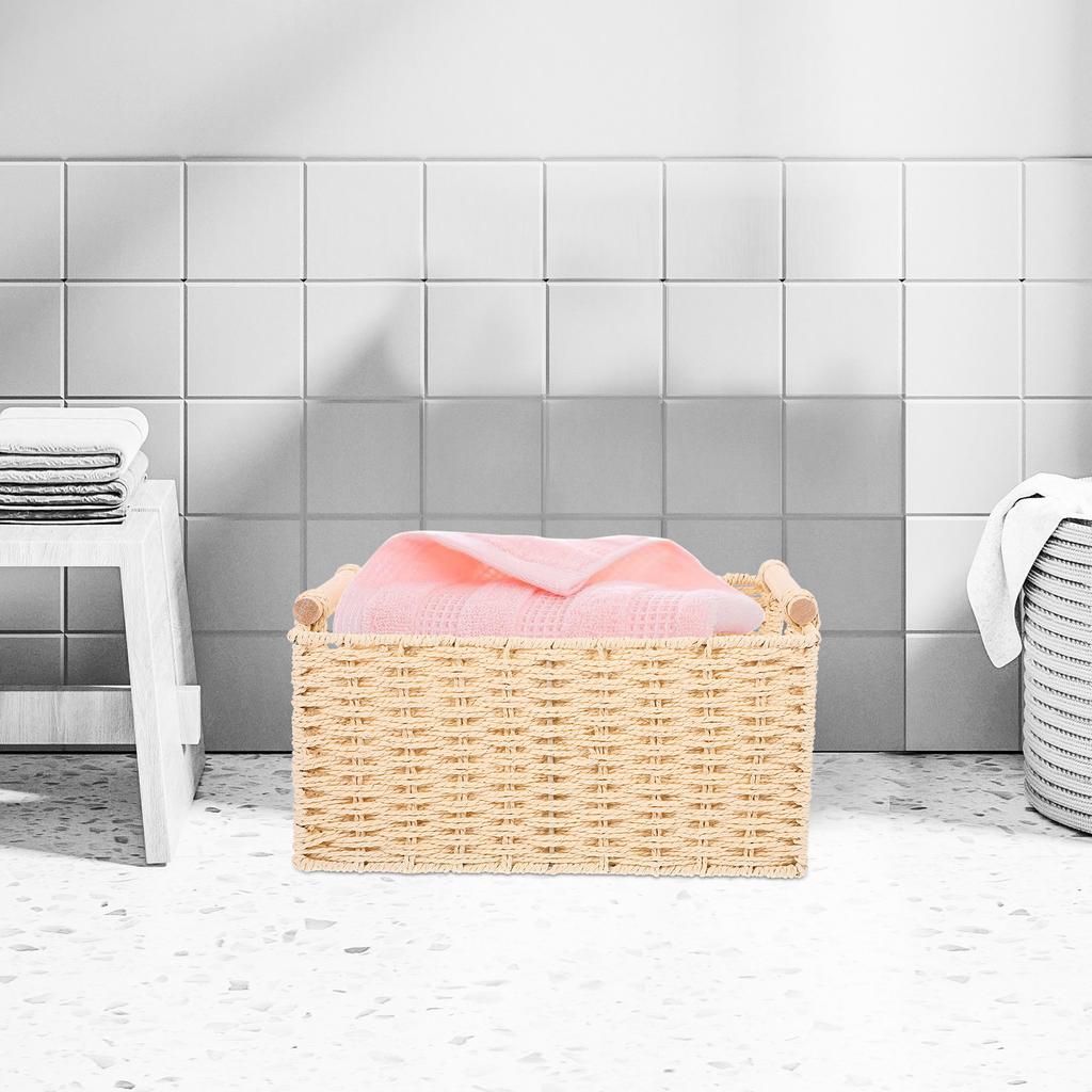 Handcrafted Woven Storage Basket with Handle Natural Wood Iron Paper Rope Desktop Organizer for Living Room Bathroom Kitchen