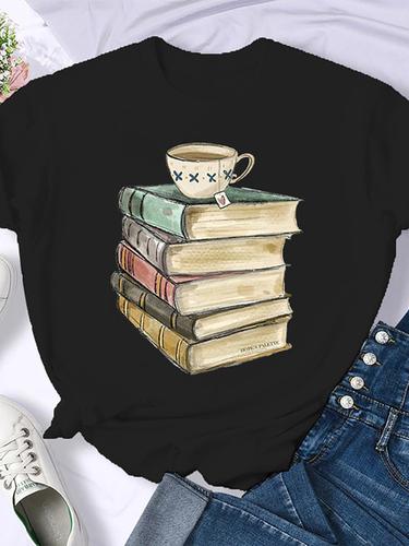 Woman Plus Size Round Neck Half Sleeve T-shirt Printed T-shirt Top New T Shirt Coffee Books Brown Books American Retro T-shirt