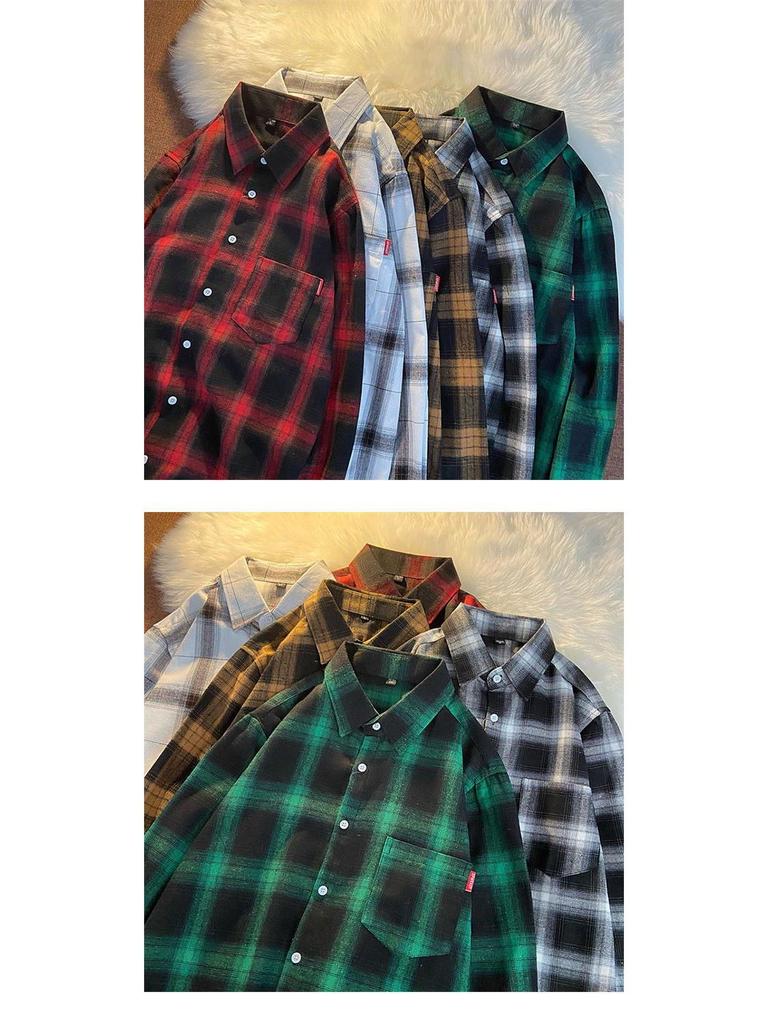 Retro rutig långärmad skjorta för kvinnor - Lös passform, Större storlekar, Koreansk stil Vårjacka