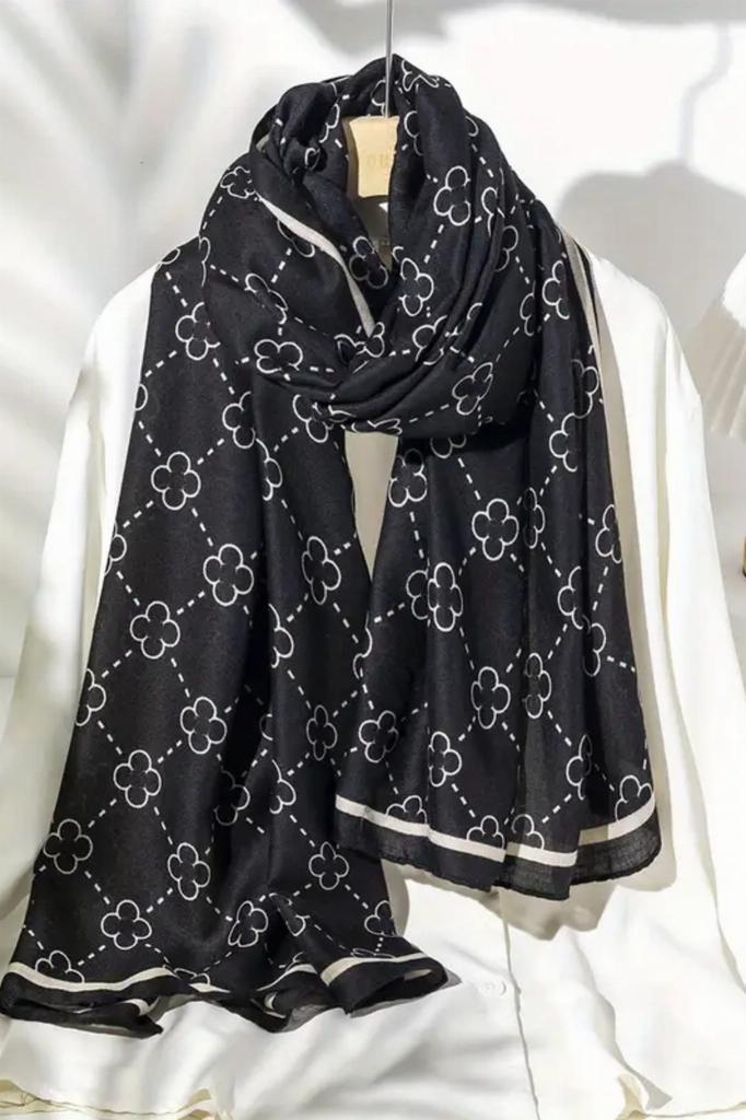 Lucky Clover Viscose Shawl 180x85cm Black with White Clovers