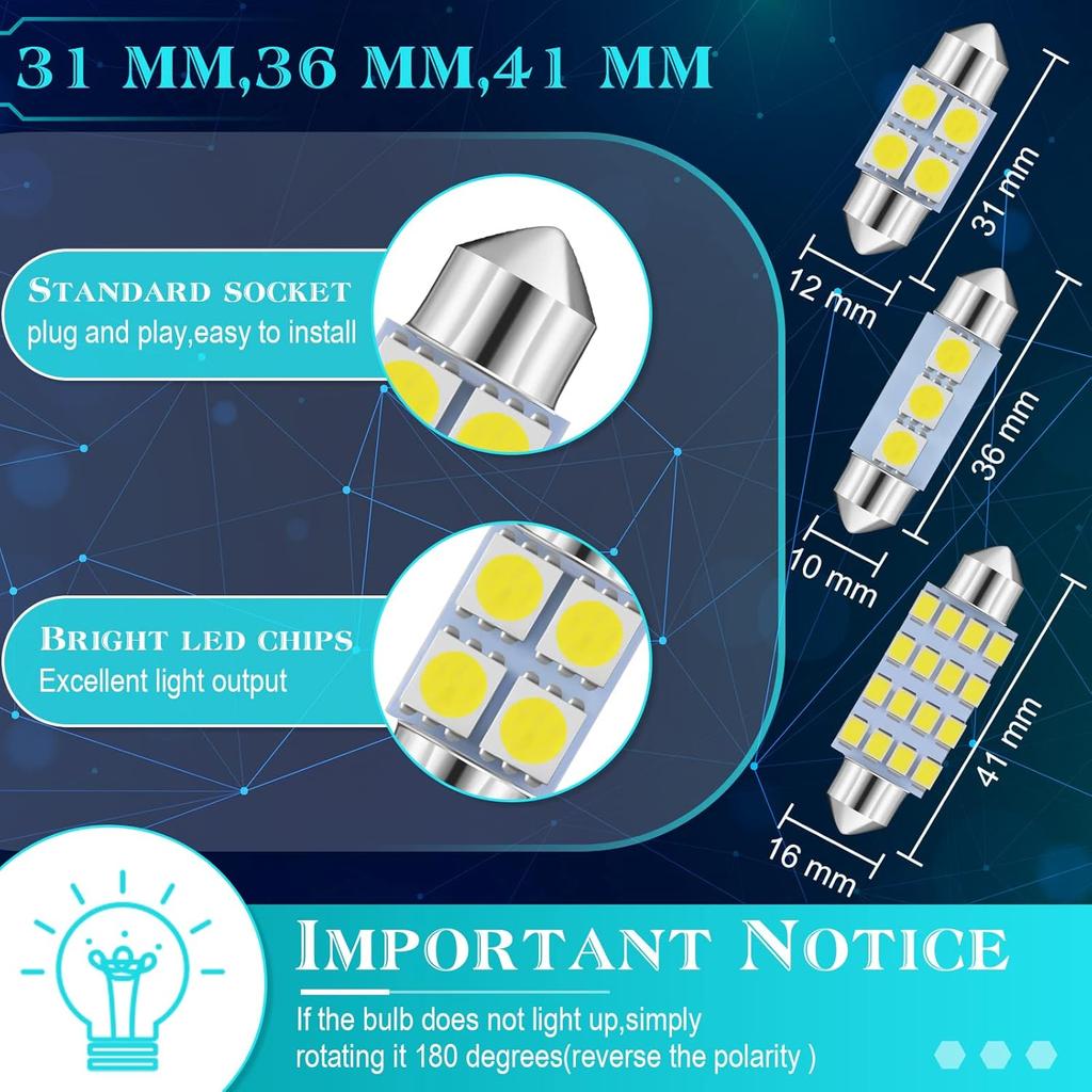 Frienda 70 Pieces LED Car Bulb Kit Interior Car Lights LED Dome Light 31 Mm 36 Mm 41 Mm T10 Bulbs Festoon Bulbs For Car Interiors Map Dome Trunk