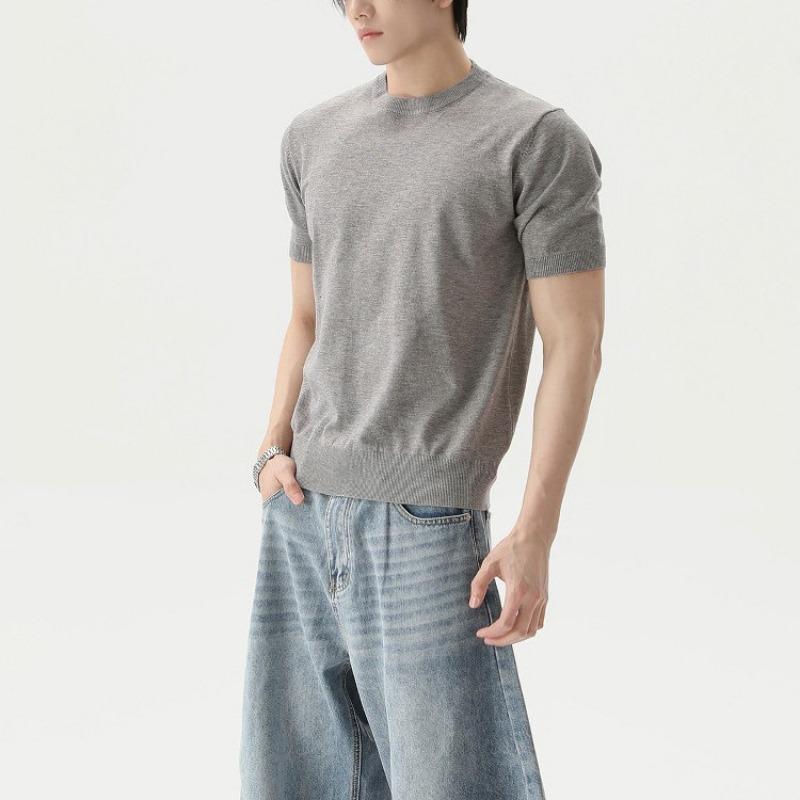Mens Solid Color Loose Casual Short Sleeve Knit T Shirt