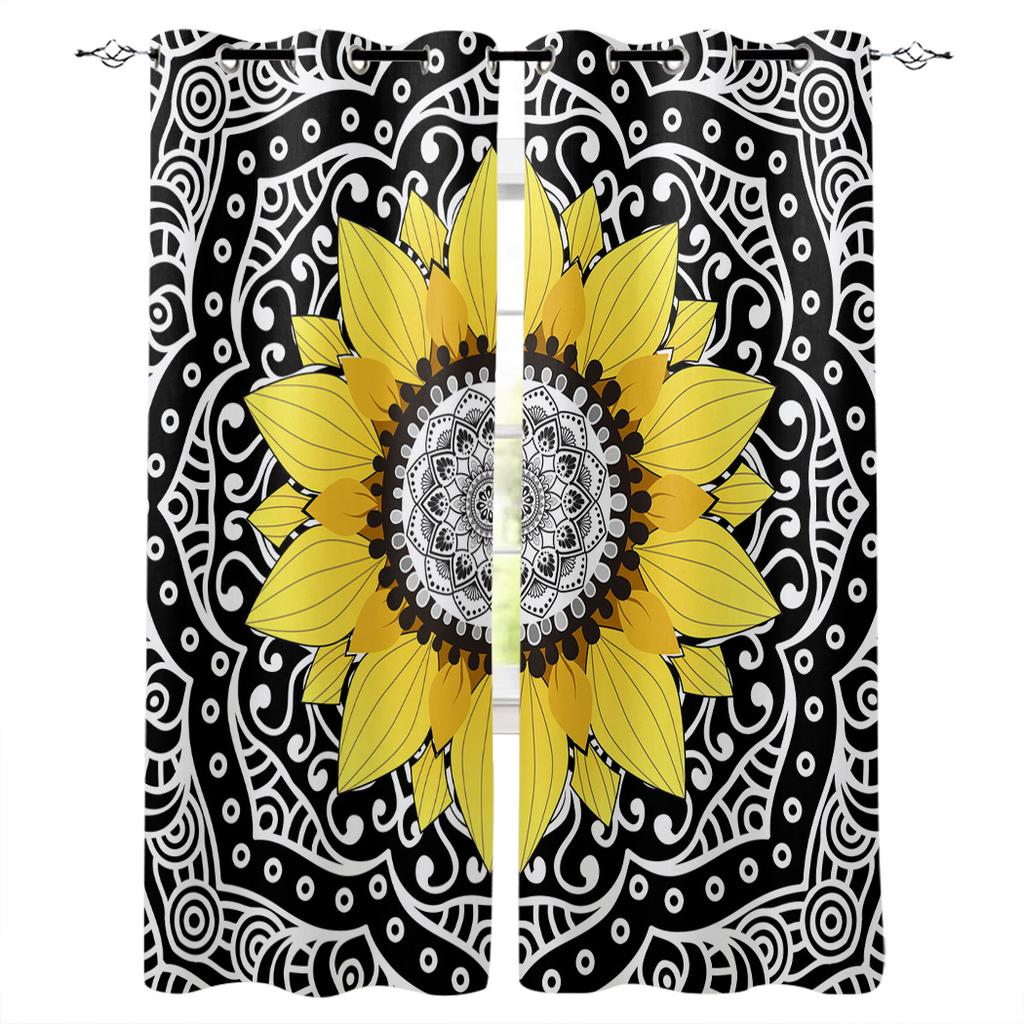 Sunflower And Mandala Teal Green Kitchen Curtains Bedroom Decor Items Curtain Panel Window Curtains for Living Room