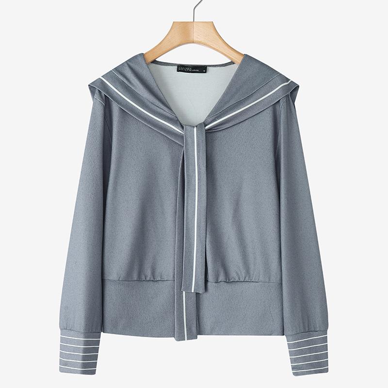 

ZANZEA Женская повседневная блузка с темно-синим воротником, свободного кроя, с длинным рукавом S серый