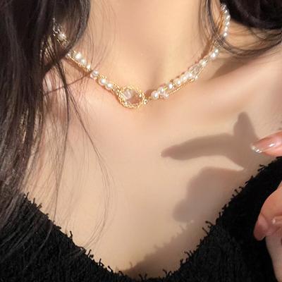 Pearl Square Artificial Crystal Double-layer Necklace French Light Luxury Temperament Pure Desire Wind Collarbone Chain High-end Neck Chain