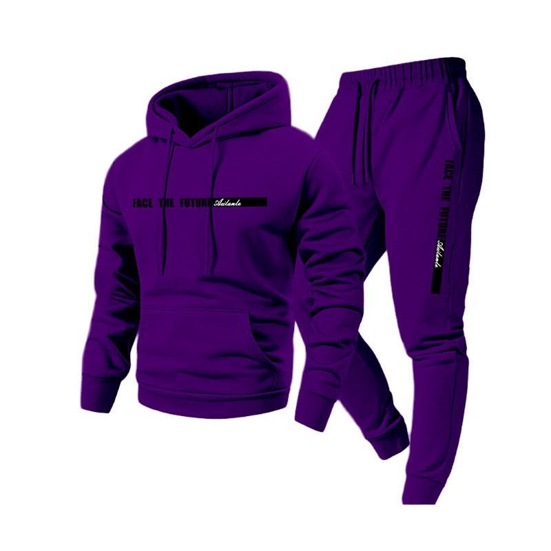 Mens Casual Hooded Sweatshirt Set With Letter Print Fleece-Lined Top Pants Winter Streetwear