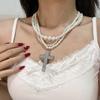 Retro Crystal Crosses Pendant Necklace Featuring Multilayer Faux Pearls Clavicle Chain For Elegant Jewelry Collection