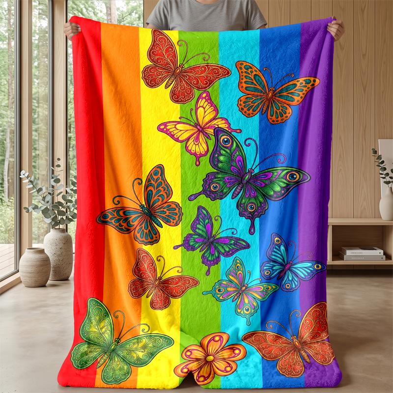 Rainbow Butterflies and Flowers Theme Blanket Lightweight Warm Flannel Blanket Decorative Throw Blanket for Home Decoration