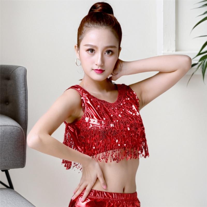 Belly Dance Performances Sequins Fringe Vest Elastic Stretch Fabric Round Neck Stage Show Costume