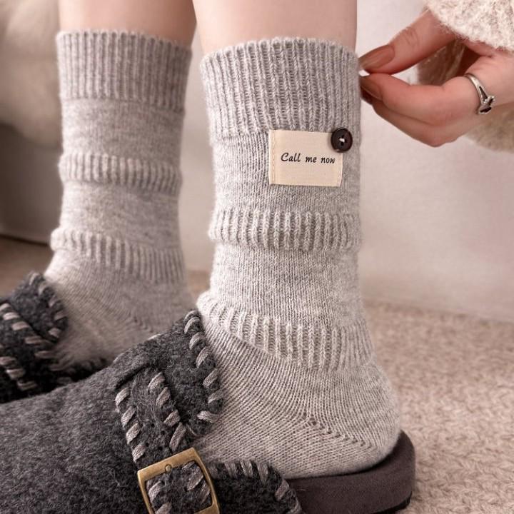 Women's Wool Mid-Calf Socks: Warm, Thick, Knitted with Button Detail, Solid Color, Simple and Chic