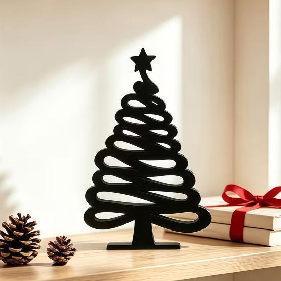 Modern Festive Table Centerpiece 3D Printed Abstract Line Christmas Tree Figurine, Minimalist Xmas Sculpture with Star Entryway Ornament Topper