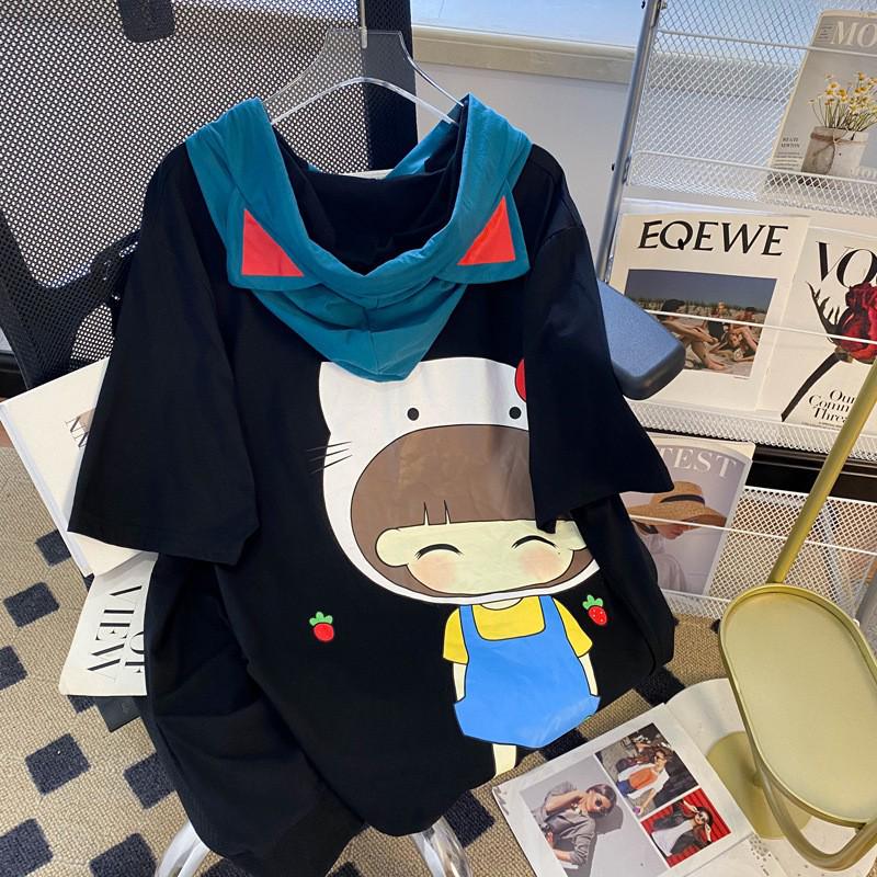 Women's Plus Size Korean Style Casual Loose Short Sleeve Hooded T-Shirt - Summer Design