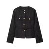 Women Tweed Jacket Round Neck Single Breasted Long Sleeve Belt Waist Pocket Elegant Outerwear Coat