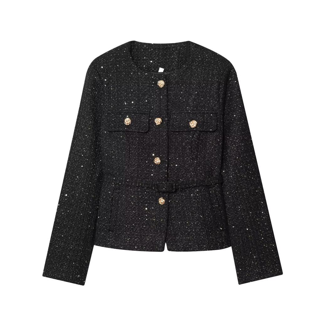 Women Tweed Jacket Round Neck Single Breasted Long Sleeve Belt Waist Pocket Elegant Outerwear Coat