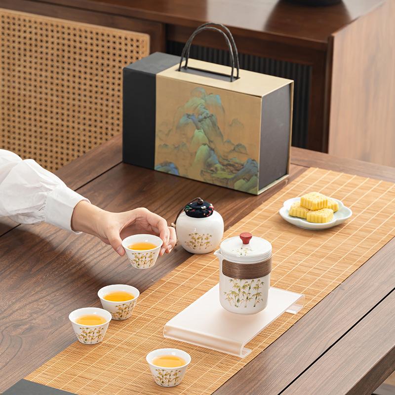 Golden silk bamboo rhyme ancient rhyme pot tea set living room office guest reception Dehua white porcelain set light luxury gift box gift