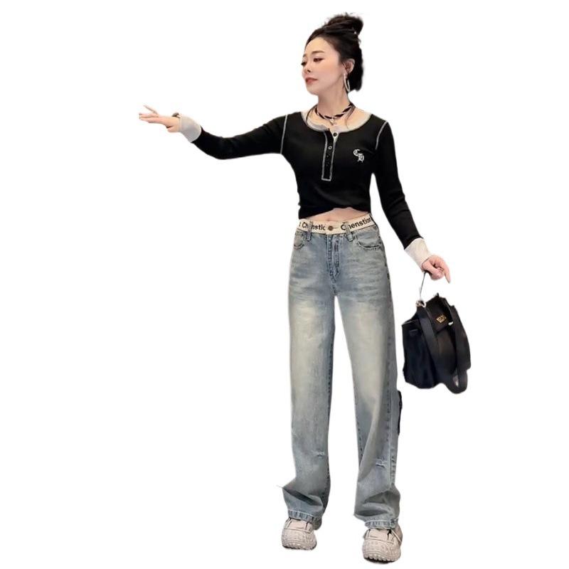 Women s Slim-Fit Wide-Leg Jeans 2026 New High-Waisted Plus Size Slimming Embroidered Letter Straight Pants XS светло-синий