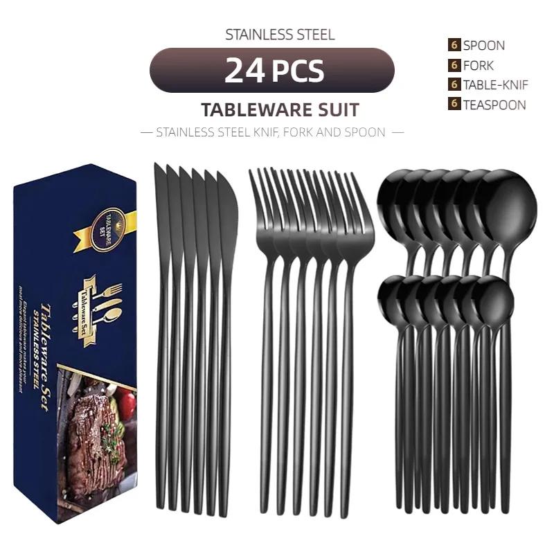 24Pcs Gold Tableware Sets Stainless Steel Cutlery Knife Tea Fork Coffee Spoon Flatware Dishwasher Safe Dinner Kitchen Dinnerware