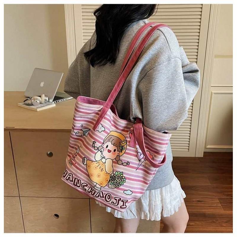 

Cute Cartoon Canvas Bag Women s Large-capacity Single-shoulder Bucket Niche Casual All-match Tote 36x14x28 розовый