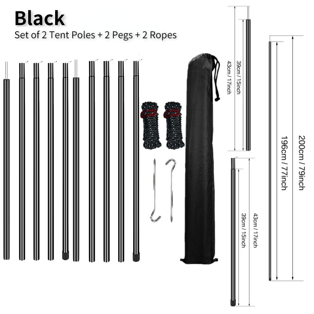 Set of 2 Tent Poles Adjustable Tarp Poles Steel Rods for Sun Shelter Tarp Canopy Camping Replacement With Pegs & Ropes