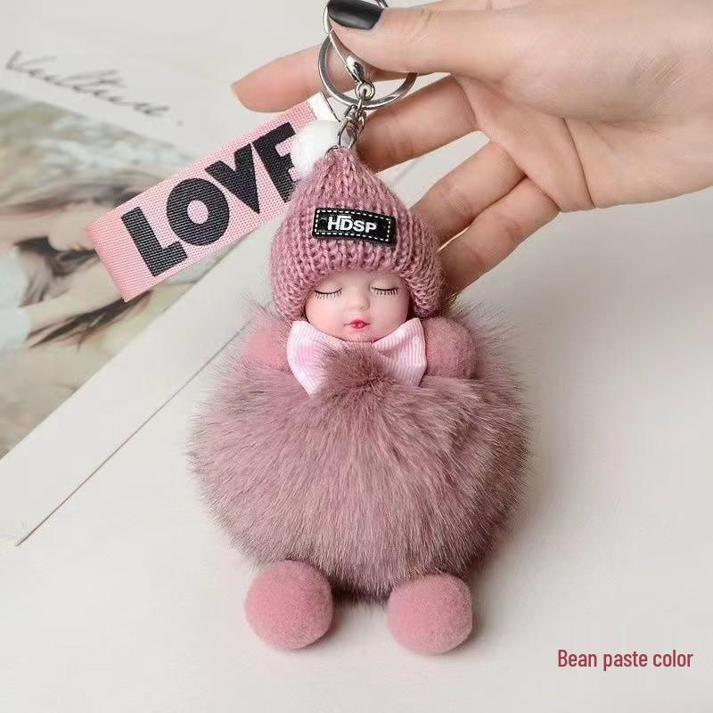 Exquisite Handmade Plush Sleeping Doll Pendant with Faux Mink Fur, Perfect as a Backpack Accessory