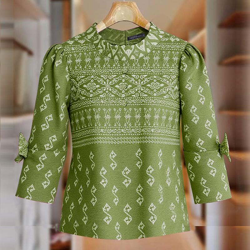 ZANZEA Women Casual Round Neck Ethnic Print 3/4 Sleeve Blouse
