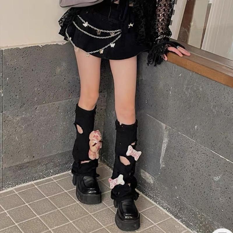 Aesthetic Vintage Ripped Hole Knitted Leg Warmer for Women Harajuku Streetwear Punk 3D Bloody Bear Leg Sleeve Cover