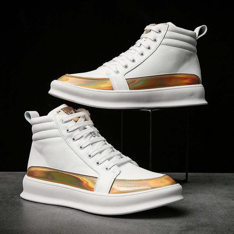 High-top Shoes Men's White Trendy Men's Shoes Autumn New Metal Color Matching Board Shoes Youth Internet Celebrity Trendy Brand Korean Fashion
