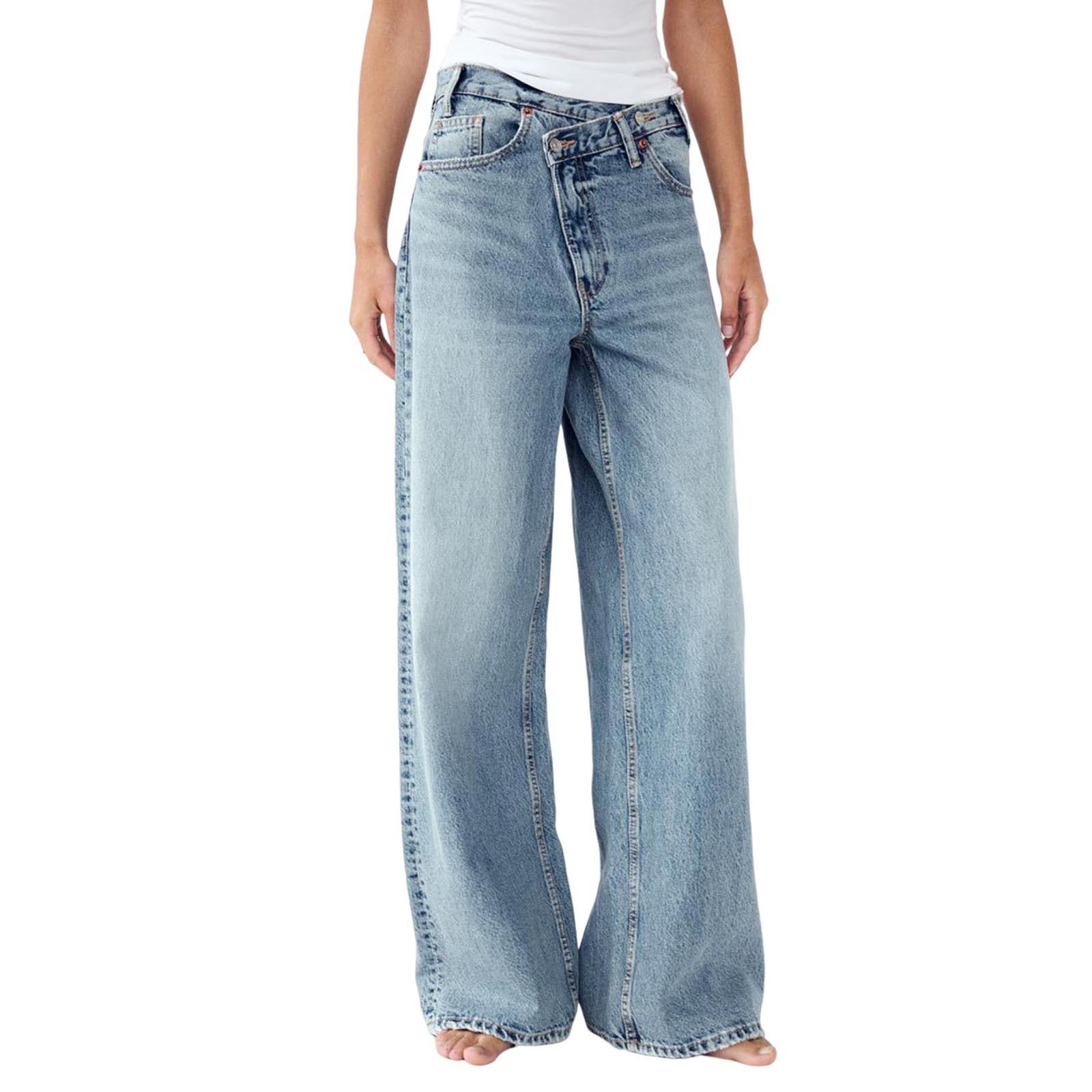 

Женские повседневные модные однотонные джинсы прямого кроя с широкими штанинами, эластичной талией и карманами XL светло-синий