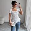 Women's Square Neck Lace Peplum Blouse with Bow Tie Puff Sleeve Elegant Short Sleeve Top