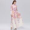 Spring/Summer Romantic Floral Print Stand-Up Collar Bell-Sleeve Slimming Party Dress for Women Elegant Single-breasted Maxi Dress with Belt