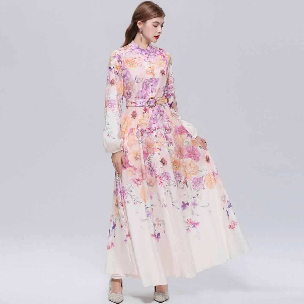 Spring/Summer Romantic Floral Print Stand-Up Collar Bell-Sleeve Slimming Party Dress for Women Elegant Single-breasted Maxi Dress with Belt