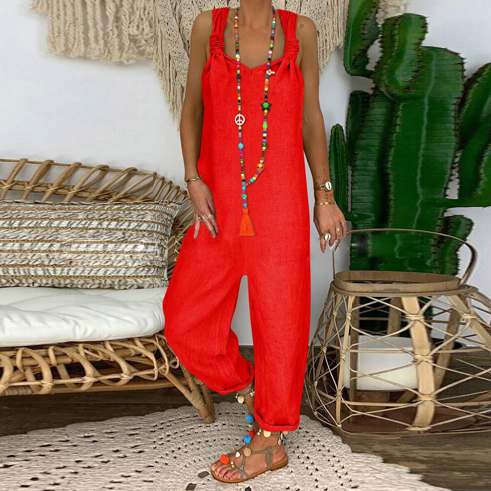 

Модные ретро богемные художественные свободные повседневные большие льняные брюки на подтяжках, комбинезоны XXXL красный