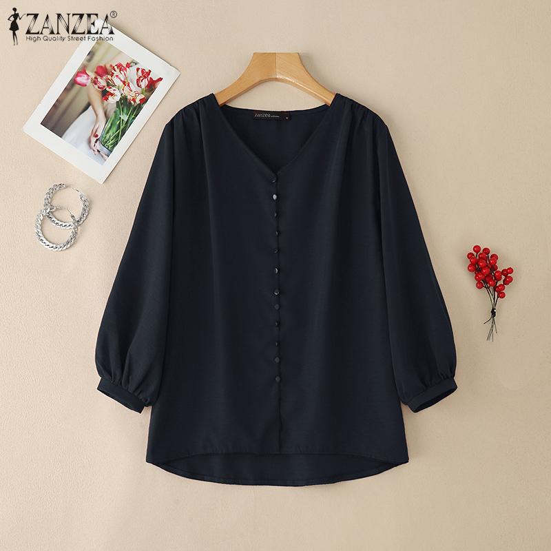 ZANZEA Women Casual V-Neck Solid Color 3/4 Sleeve Loose Blouse