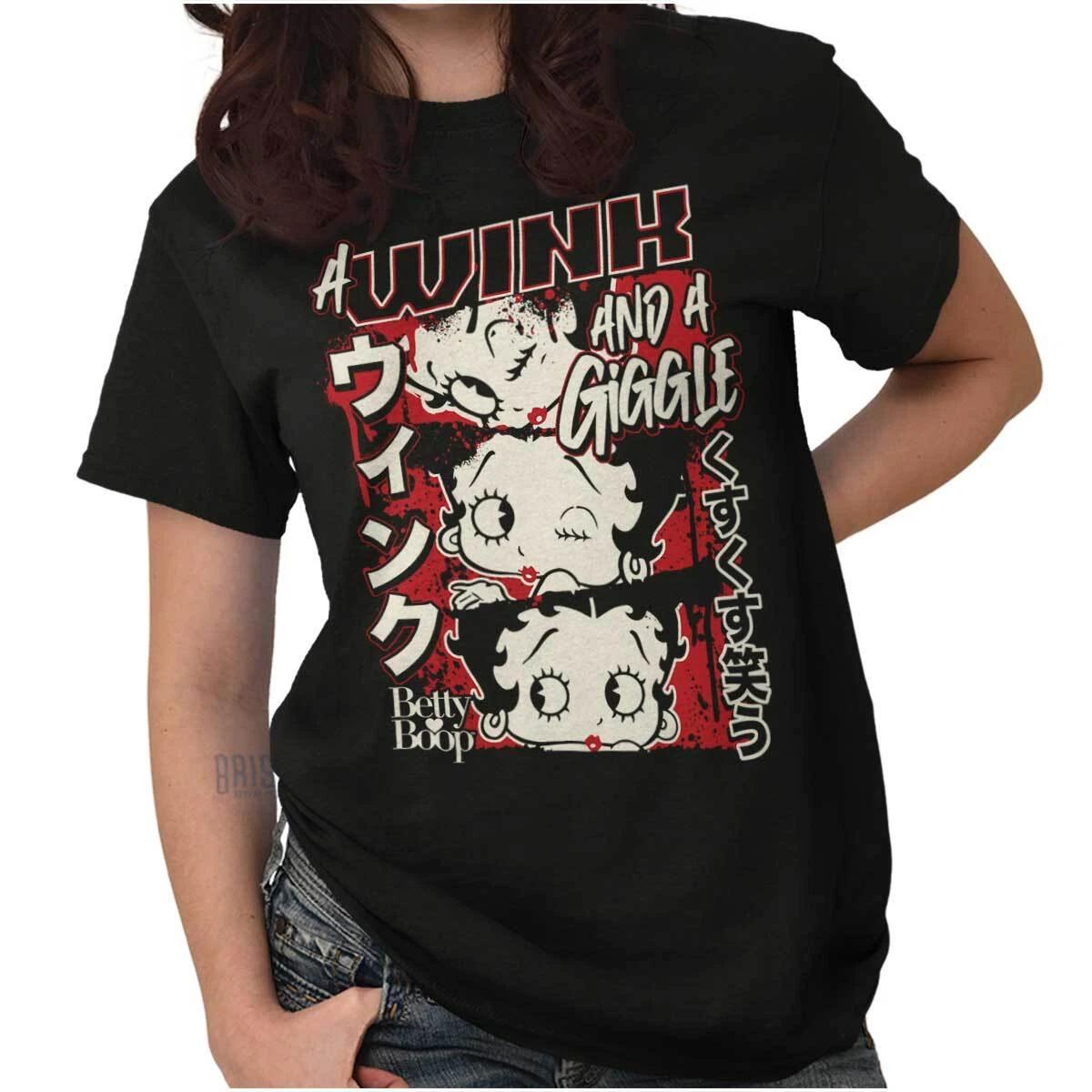 Betty Boop Kanji Cartoon A Wink and Giggle Womens Graphic Crewneck T Shirt Tee XS