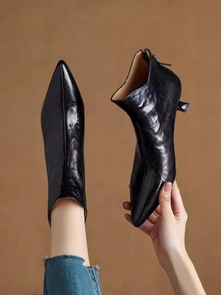 Fashion Elegant with Medium Heels Booties Autumn Winter Fleece-Lined Female Short Shoes Pointed Toe Leather Chelsea Women's Ankle Boots