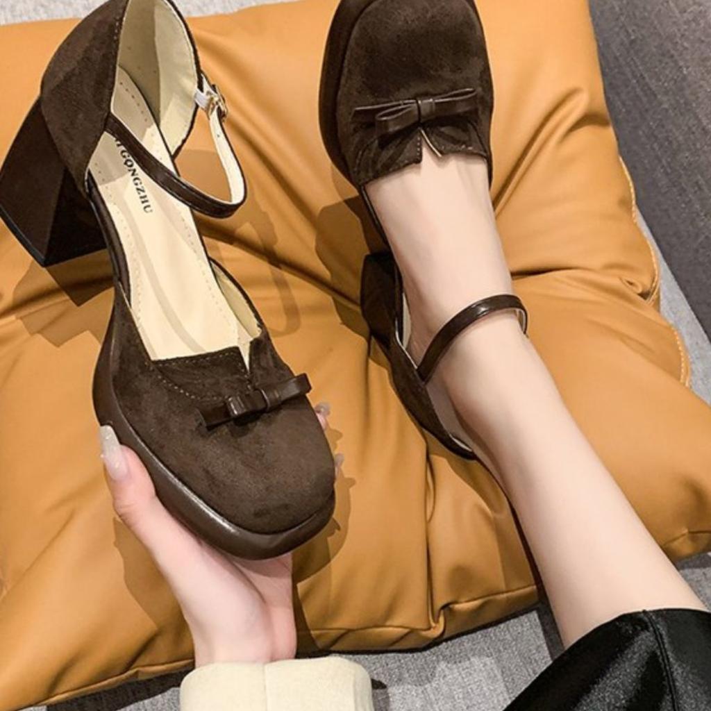 French bow thick heel bag head sandals women's 2025 summer new models with empty silver Mary Jane single shoes