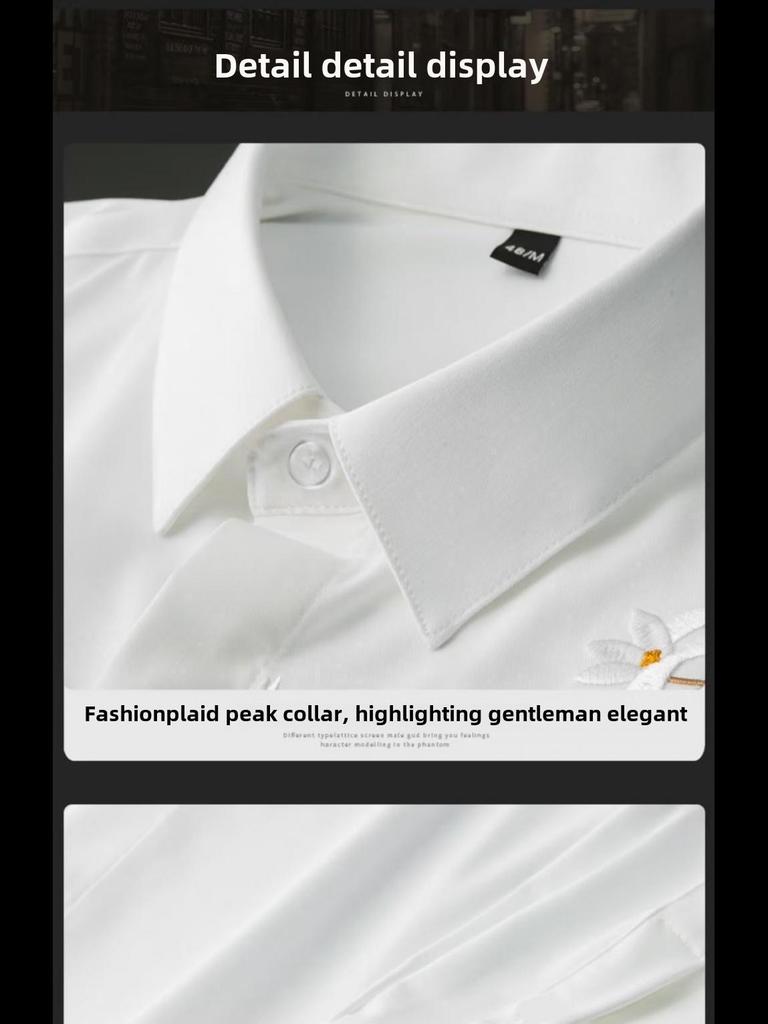 Męska koszula biała slim fit z chińskim haftem, z długim rękawem - Jesień 2023, Casualowa i niegniotliwa