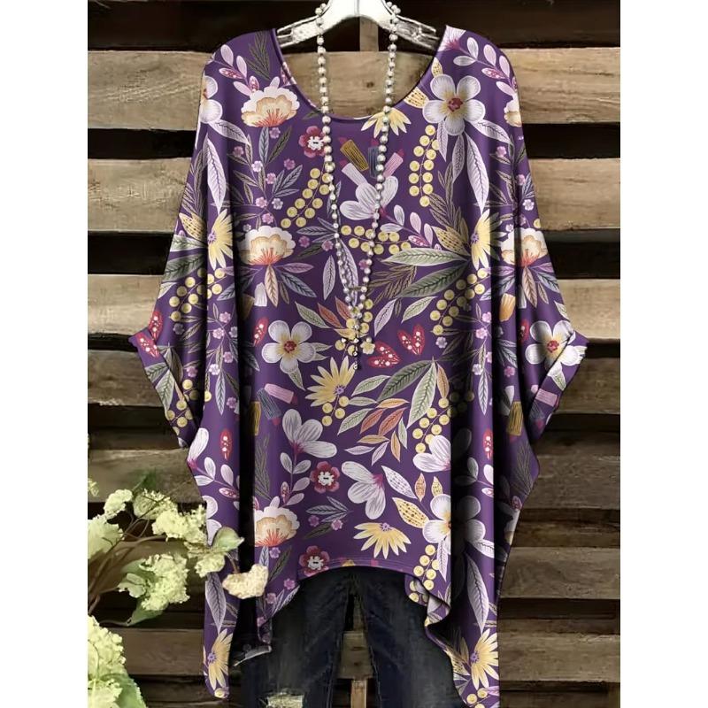 Boho Floralprint Damen T-Shirt Einfaches Vintage Unregelmäßiger Saum Rundhals T-Shirt Modische und Vielseitige Damenbekleidung